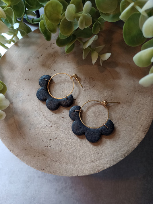 Black floral circle earrings